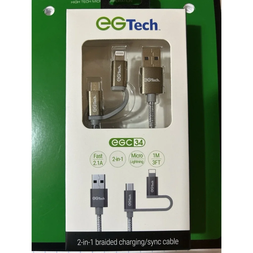 EG Tech 2-in-1 Charging Sync Cable Gray Braided 3 ft 2.1A USB Micro-USB Lighting